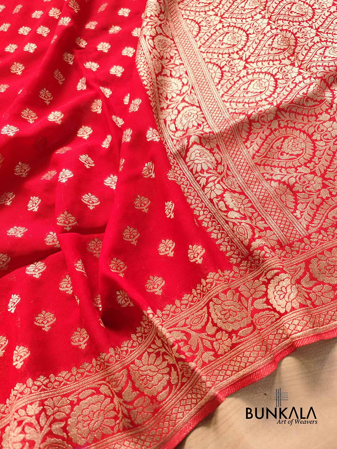 Bright Red Georgette Allover Small Buti Banarasi Saree