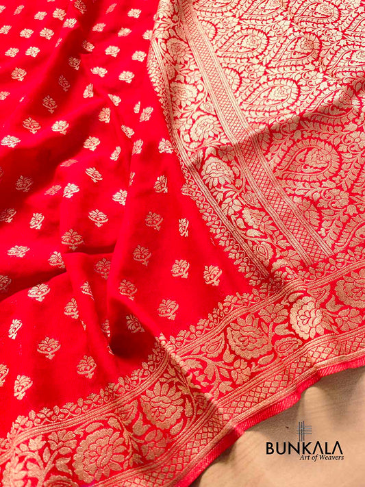 Bright Red Georgette Allover Small Buti Banarasi Saree