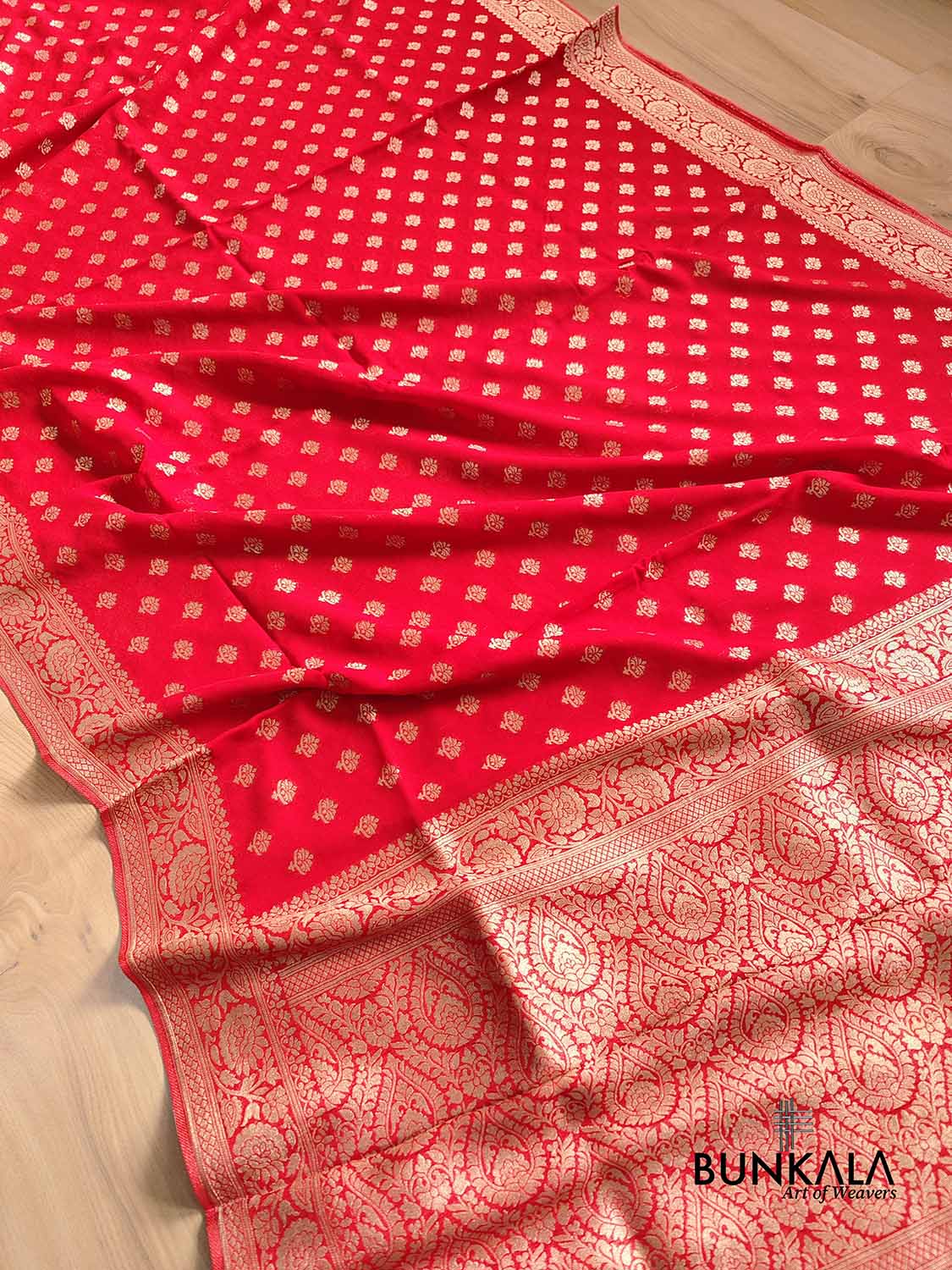 Bright Red Georgette Allover Small Buti Banarasi Saree