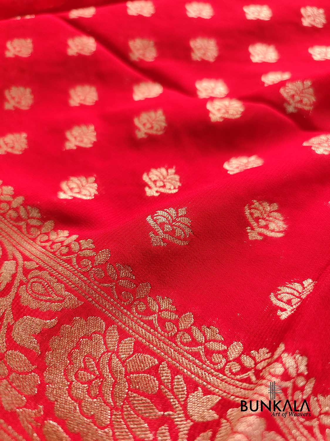 Bright Red Georgette Allover Small Buti Banarasi Saree