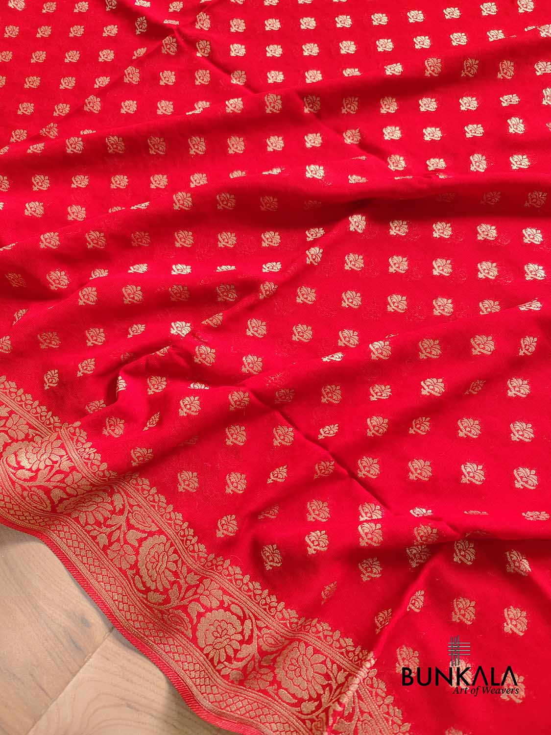 Bright Red Georgette Allover Small Buti Banarasi Saree