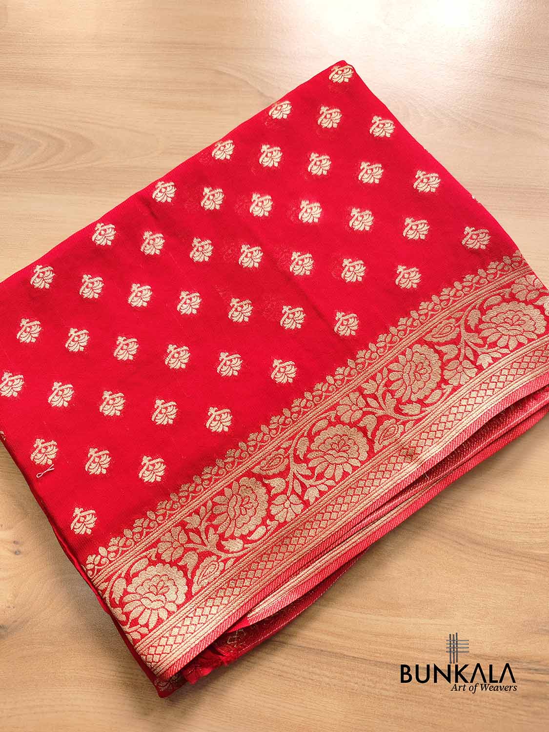 Bright Red Georgette Allover Small Buti Banarasi Saree