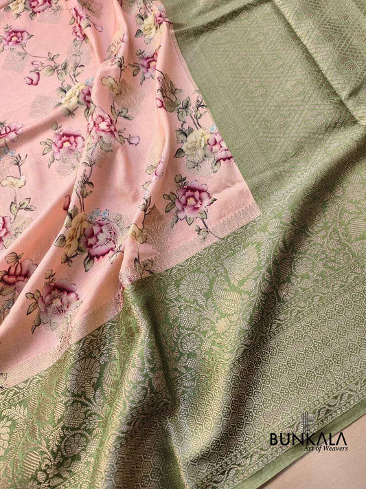 Peach Pink Floral Printed Cotton Saree with Green Contrast Border