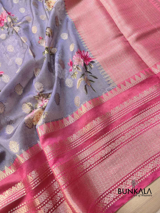 Grey Floral Printed Cotton Saree with Pink Contrast Border