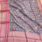 Grey Floral Printed Cotton Saree with Pink Contrast Border