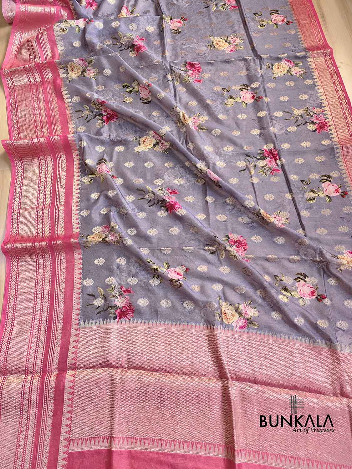 Grey Floral Printed Cotton Saree with Pink Contrast Border