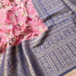Rose Pink Floral Printed Cotton Saree with Blue Contrast Border