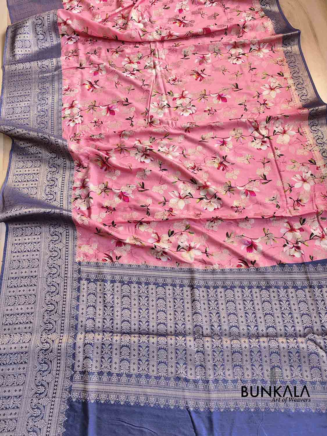 Rose Pink Floral Printed Cotton Saree with Blue Contrast Border