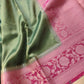 Green Plain Soft Tissue Silk Saree with Pink Floral Design Contrast Border