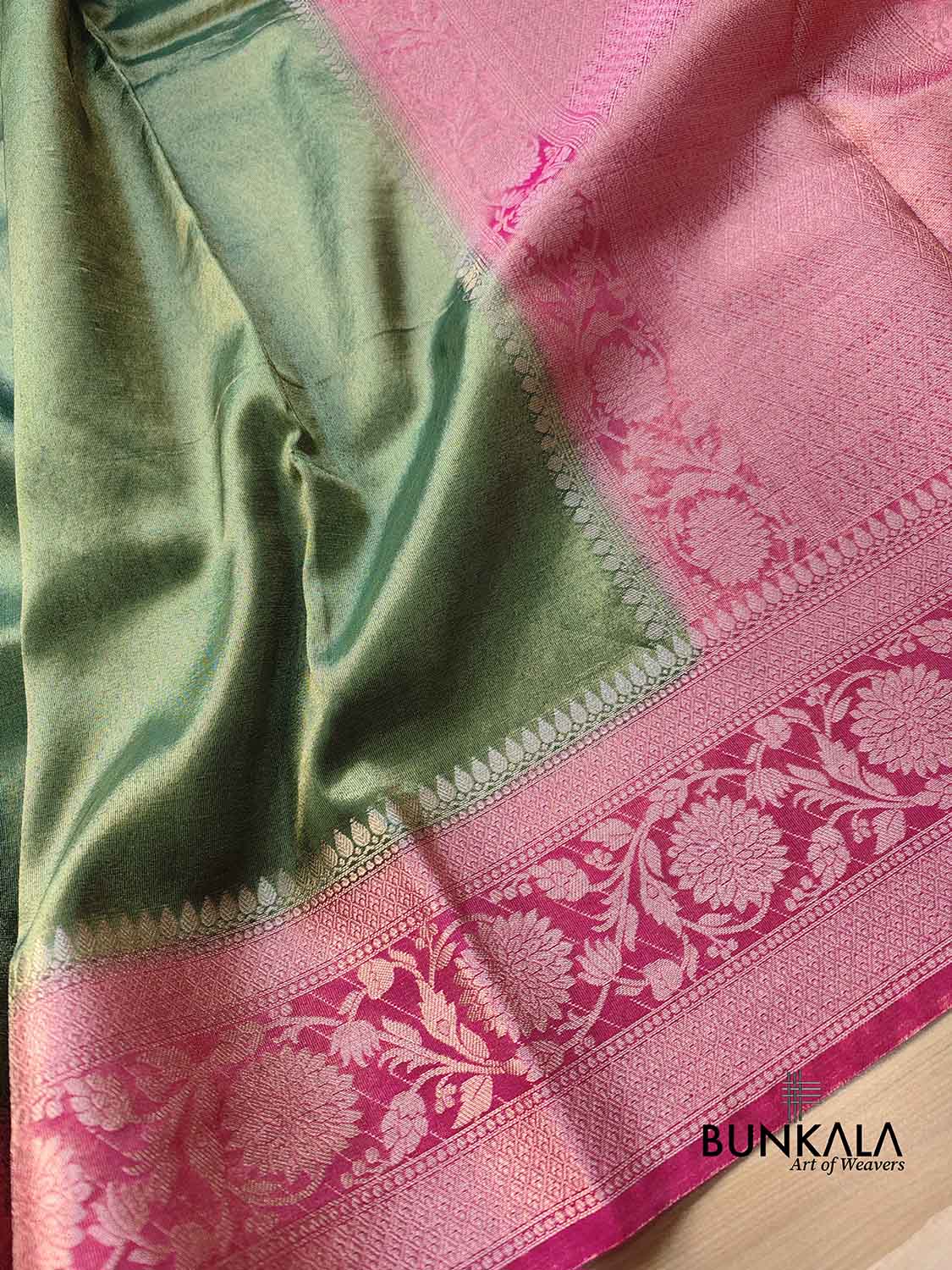 Green Plain Soft Tissue Silk Saree with Pink Floral Design Contrast Border