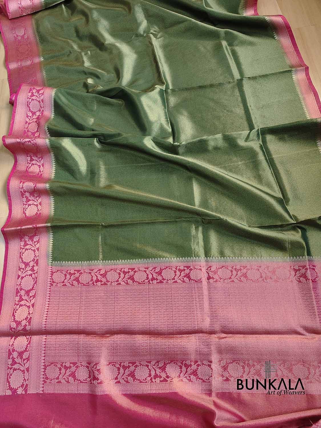 Green Plain Soft Tissue Silk Saree with Pink Floral Design Contrast Border