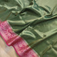 Green Plain Soft Tissue Silk Saree with Pink Floral Design Contrast Border