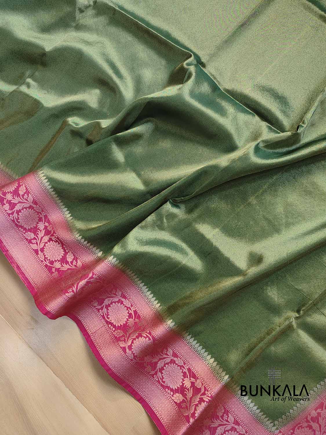 Green Plain Soft Tissue Silk Saree with Pink Floral Design Contrast Border