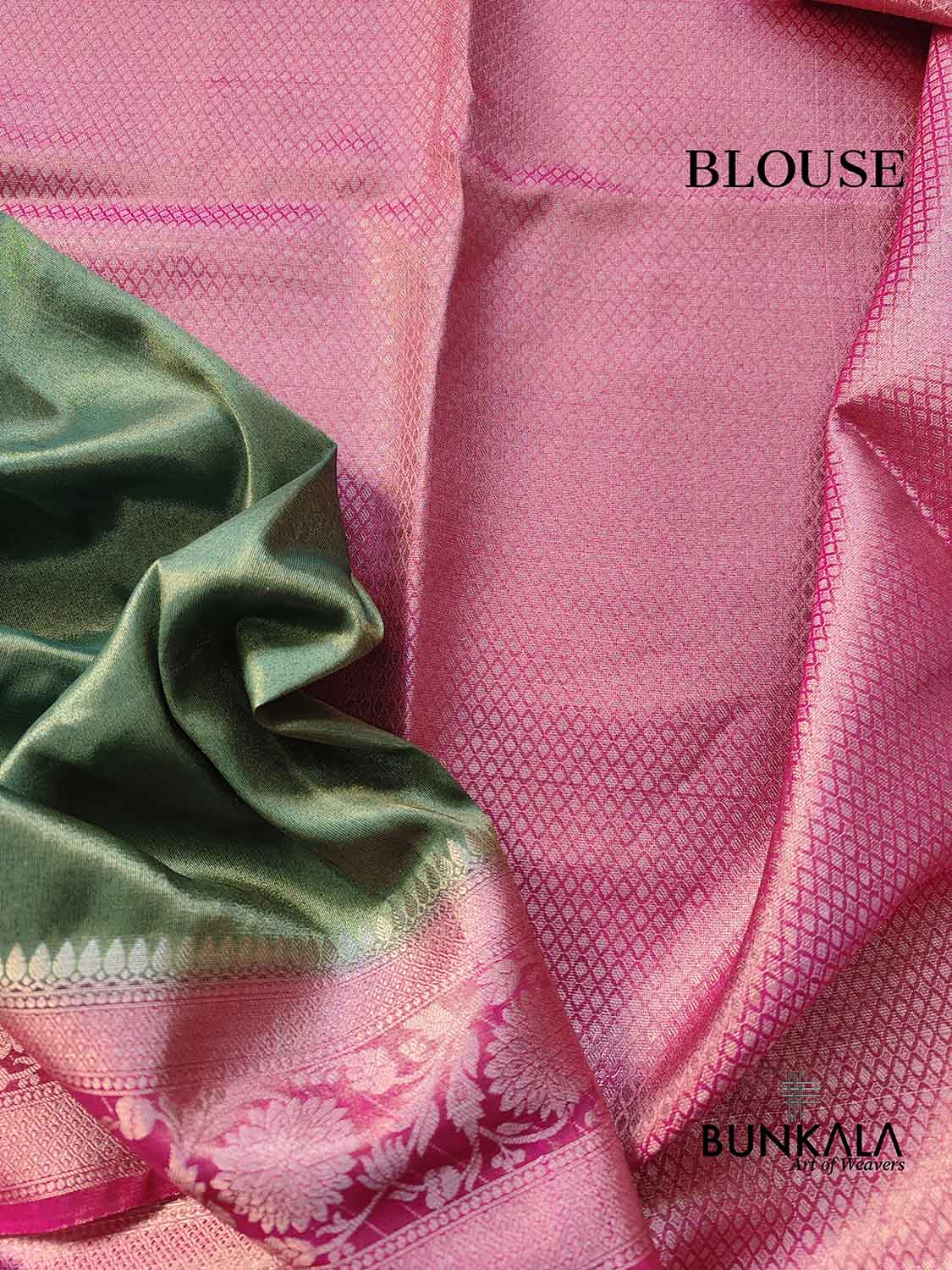 Green Plain Soft Tissue Silk Saree with Pink Floral Design Contrast Border