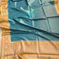 Peacock Blue Plain Soft Tissue Silk Saree with Yellow Floral Design Contrast Border