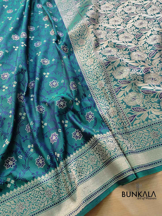 Sea Green Two Tone Jamewar Weaved Soft Mashru Silk Floral Jaal Design Banarasi Saree