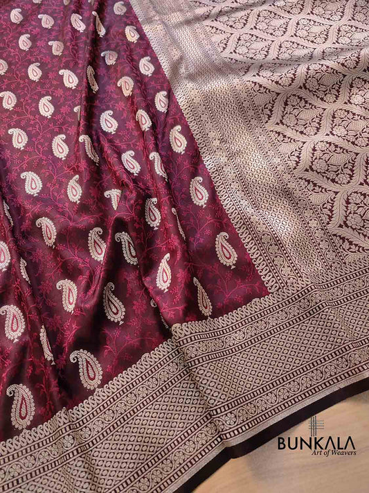 Burgundy Maroon Jamewar Weaved Soft Mashru Silk Floral Jaal Paisley Design Banarasi Saree