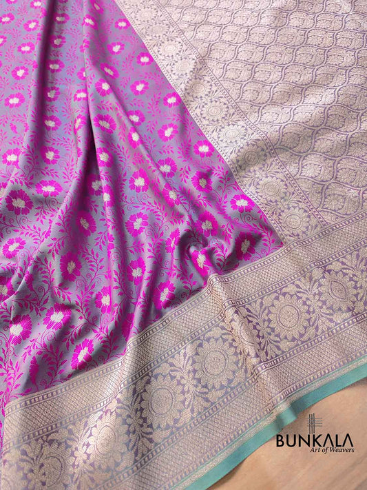 Pink and Green Two Tone Jamewar Weaved Soft Mashru Silk Floral Jaal Design Banarasi Saree
