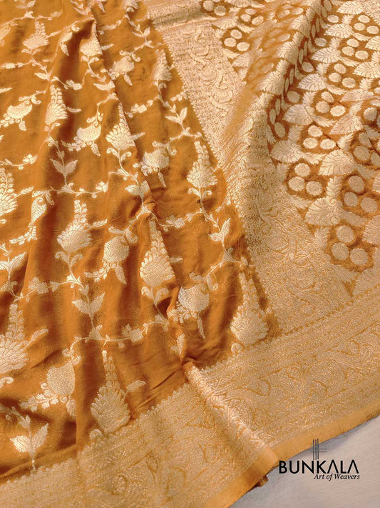 Mustard Cheeku Georgette Sona Zari Jaal Design Banarasi Saree