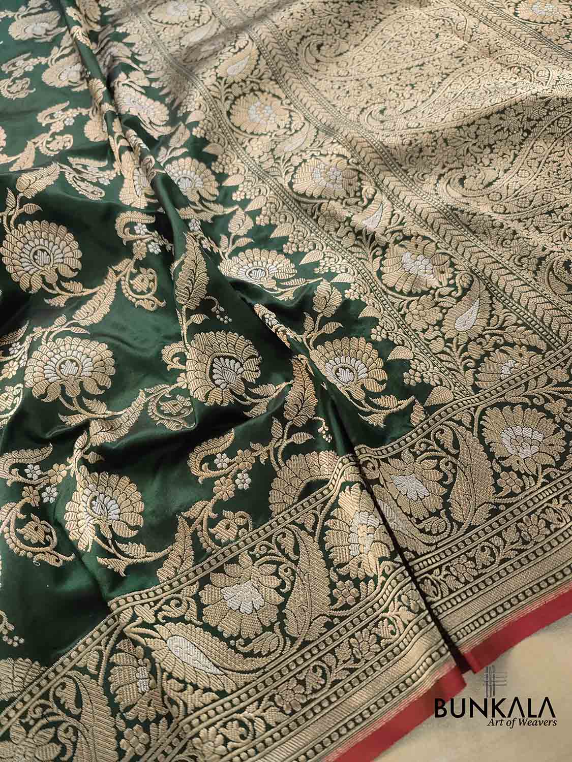 Bottle Green Pure Katan Silk Handloom Kadwa Weaved Jangla Design Sona Rupa Banarasi Saree