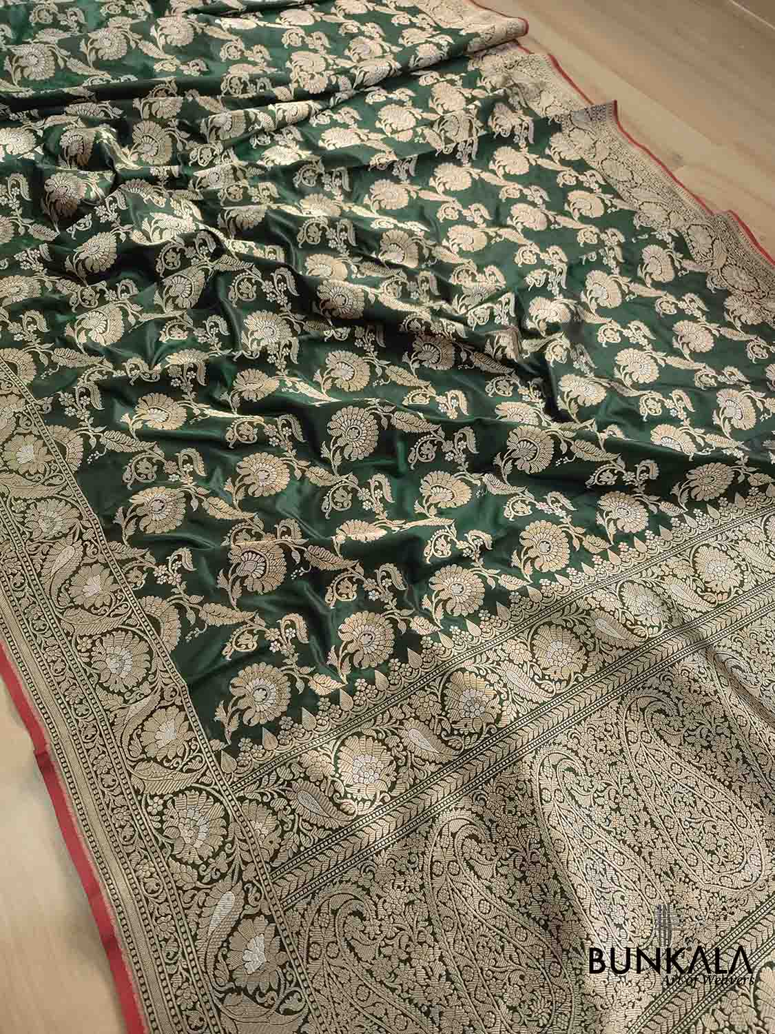 Bottle Green Pure Katan Silk Handloom Kadwa Weaved Jangla Design Sona Rupa Banarasi Saree