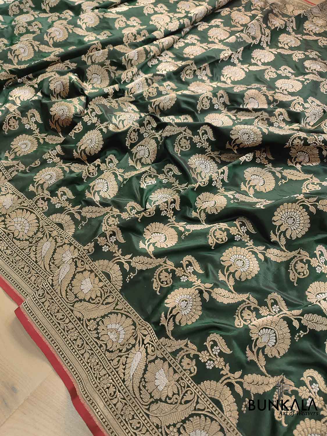 Bottle Green Pure Katan Silk Handloom Kadwa Weaved Jangla Design Sona Rupa Banarasi Saree