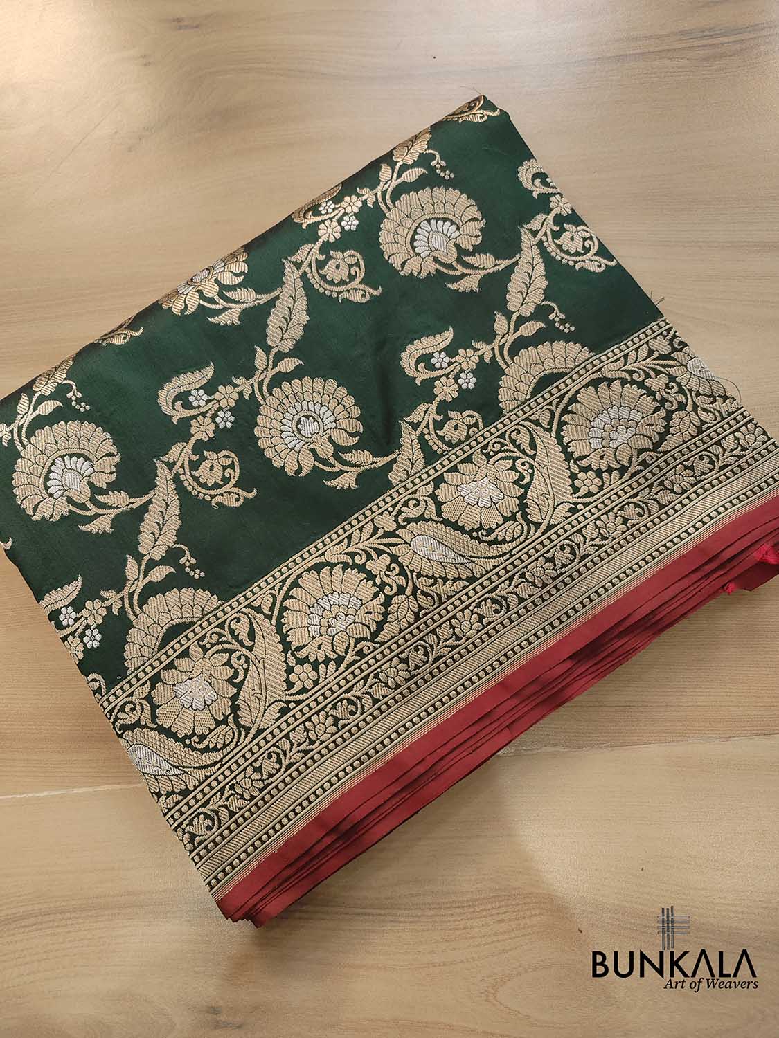 Bottle Green Pure Katan Silk Handloom Kadwa Weaved Jangla Design Sona Rupa Banarasi Saree