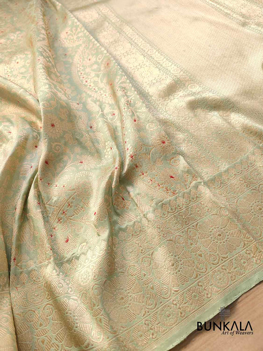 Pista Green Brocade Heritage Design Pure Katan Silk Handloom Meenakari Banarasi Saree