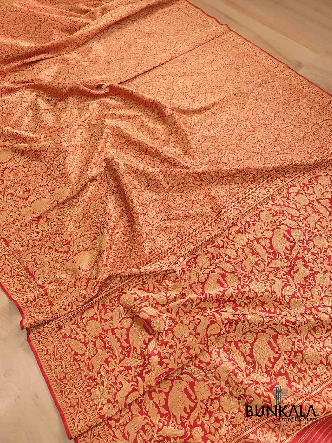 Red Real Zari Exclusive Bridal Wear Shikargha Design Handwoven Pure Katan Silk Banarasi Brocade Saree with Kalga Border