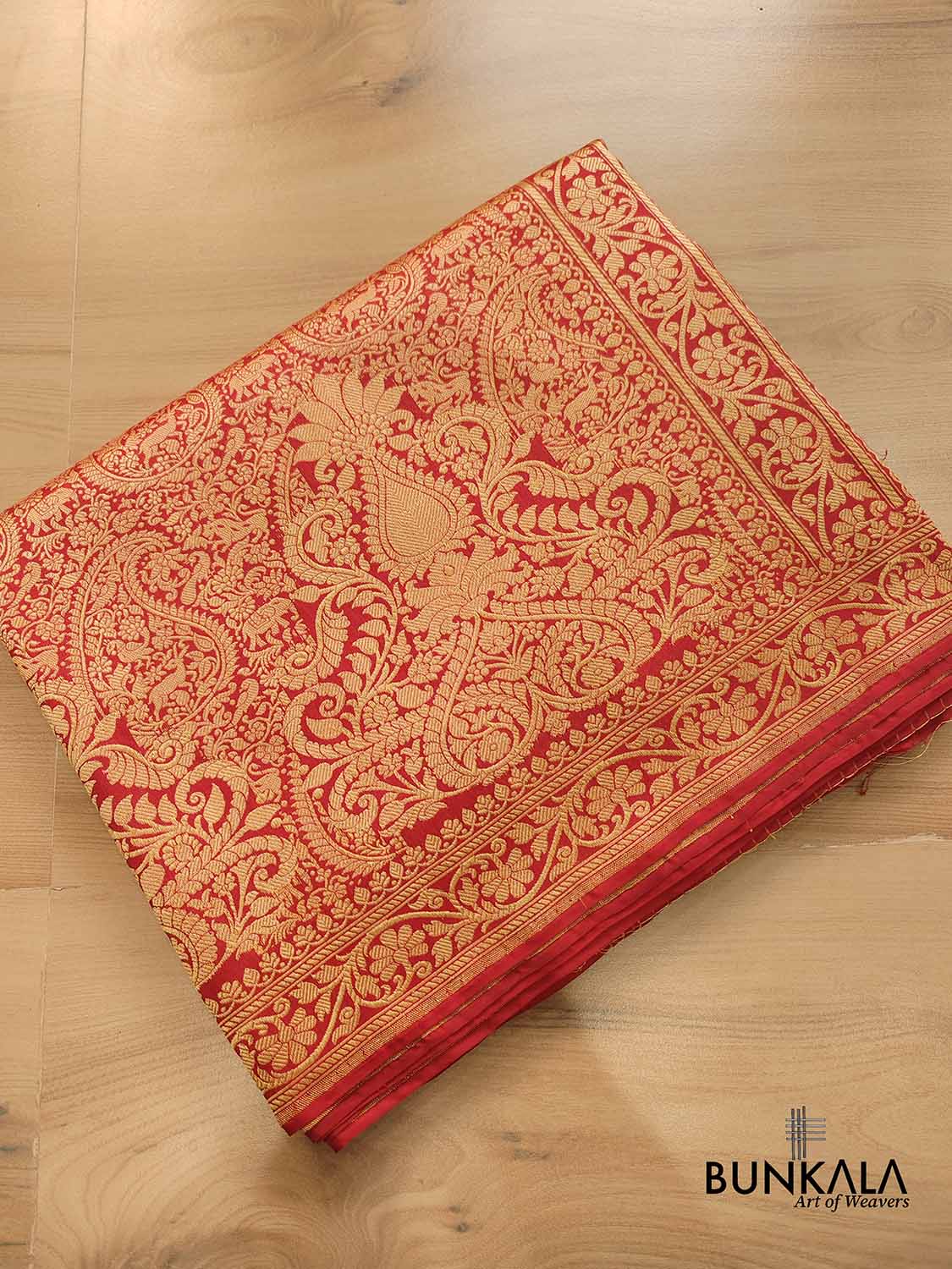 Red Real Zari Exclusive Bridal Wear Shikargha Design Handwoven Pure Katan Silk Banarasi Brocade Saree with Kalga Border