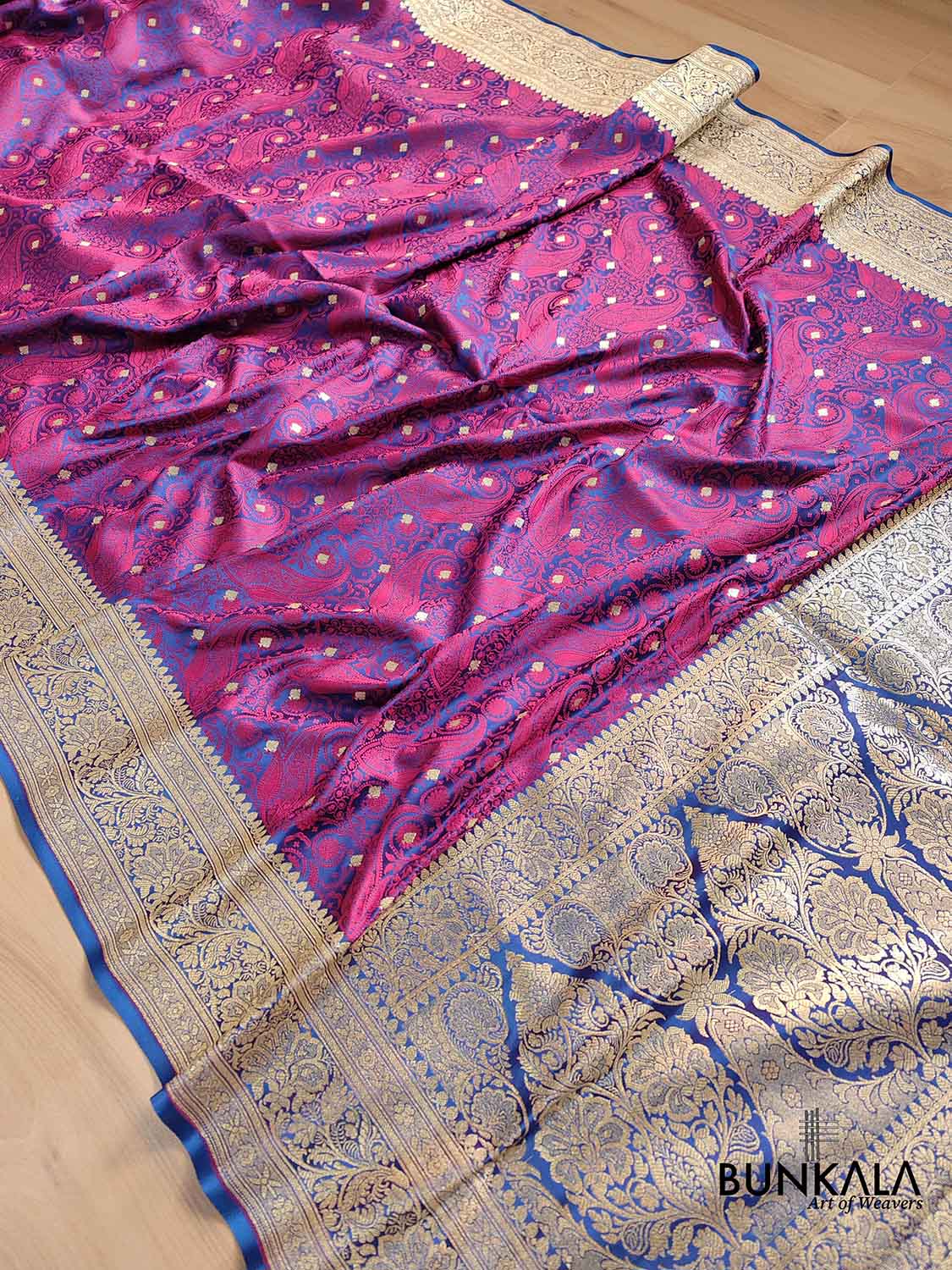 Blue and Purple Heritage Paisley Design Mashru Silk Jamewar Weaved Banarasi Saree