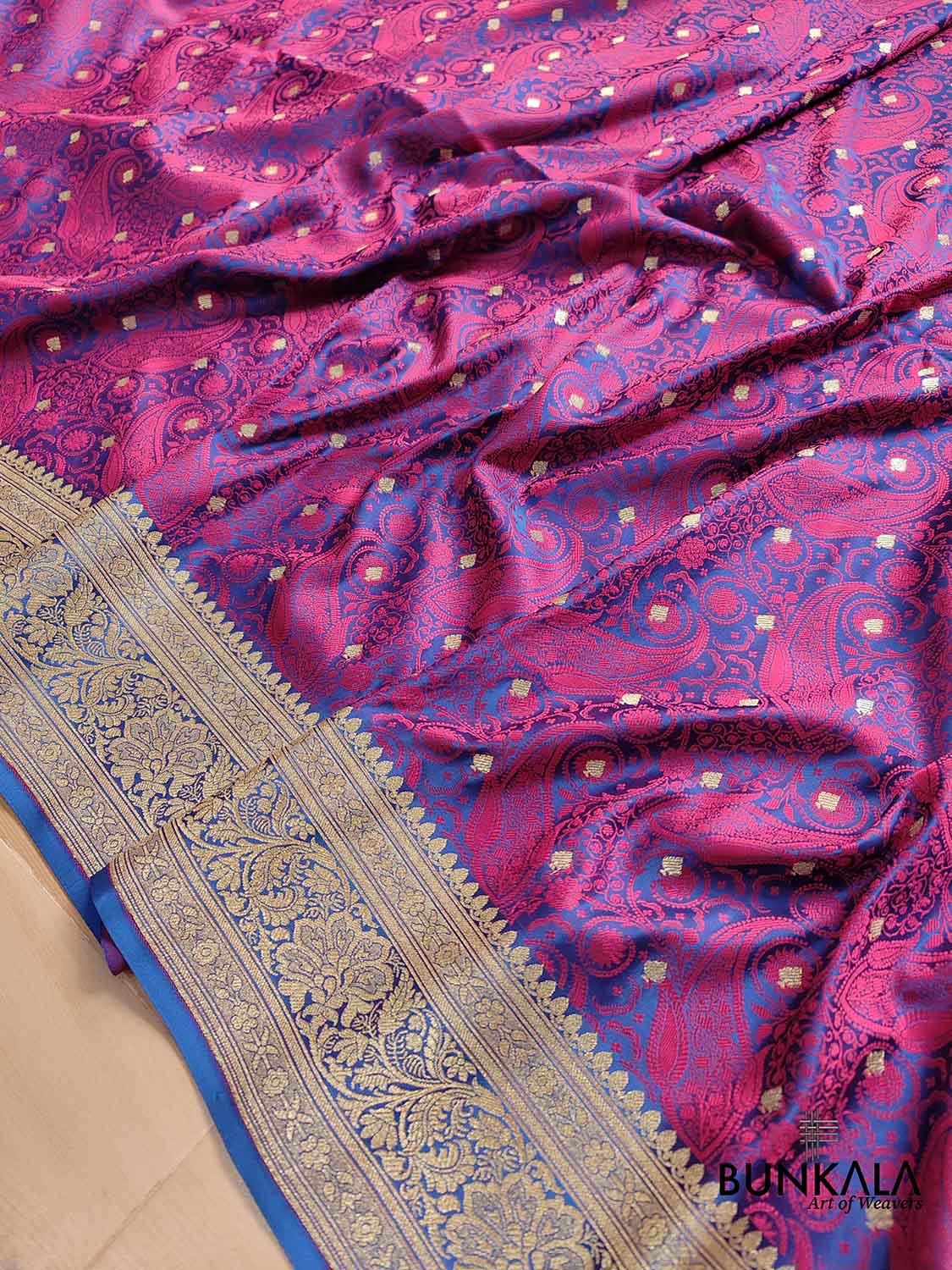 Blue and Purple Heritage Paisley Design Mashru Silk Jamewar Weaved Banarasi Saree