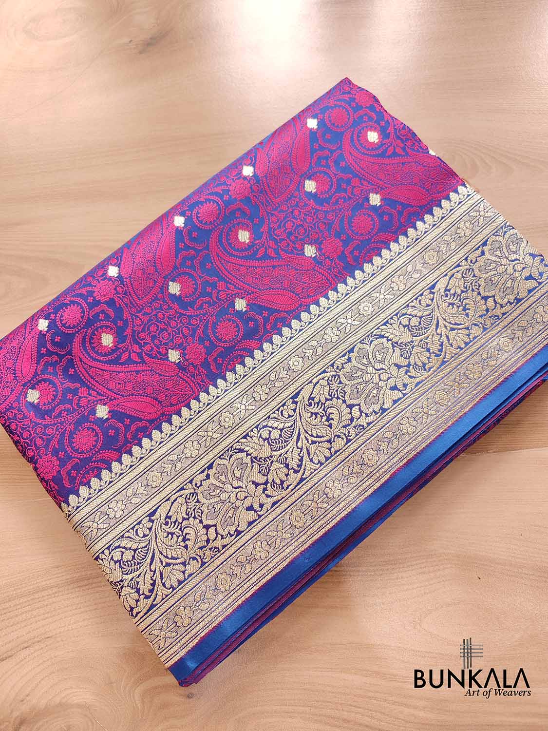 Blue and Purple Heritage Paisley Design Mashru Silk Jamewar Weaved Banarasi Saree