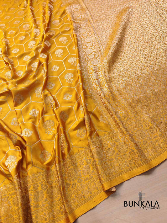 Mustard Yellow Soft Mashru Silk Unique Jaal Pattern Weaved Banarasi Saree