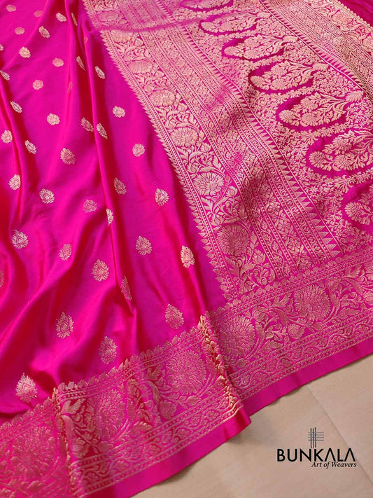 Hot Pink Soft Mashru Silk Allover Small Buti Weaved Banarasi Saree