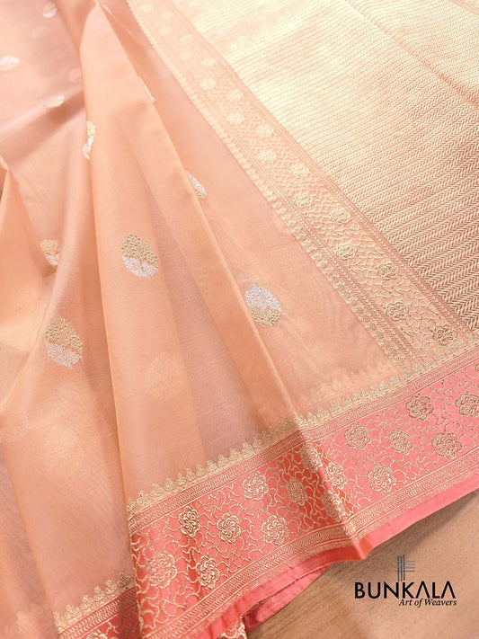 Peach Kadwa Buta Handweaved Banarasi Pure Organza Silk Saree