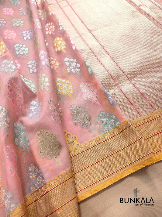 Peach Rangkaat Kadwa Buta Handweaved Banarasi Pure Organza Silk Saree