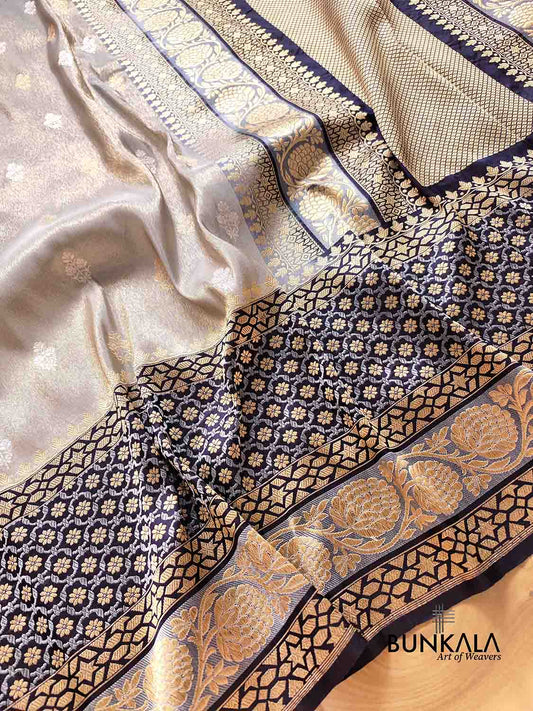 Pastel Grey Pure Soft Tissue Katan Silk Gold and Silver Allover Zari Buti Handloom Banarasi Saree with Big Black Contrast Skirt Border