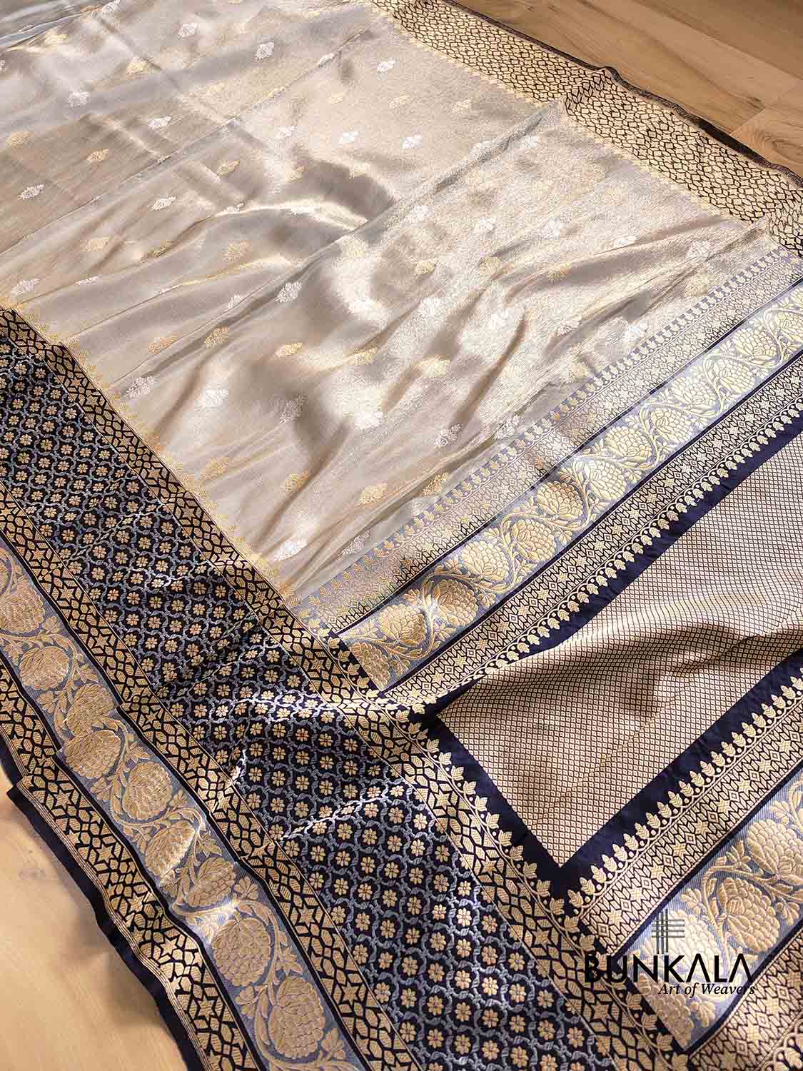 Pastel Grey Pure Soft Tissue Katan Silk Gold and Silver Allover Zari Buti Handloom Banarasi Saree with Big Black Contrast Skirt Border