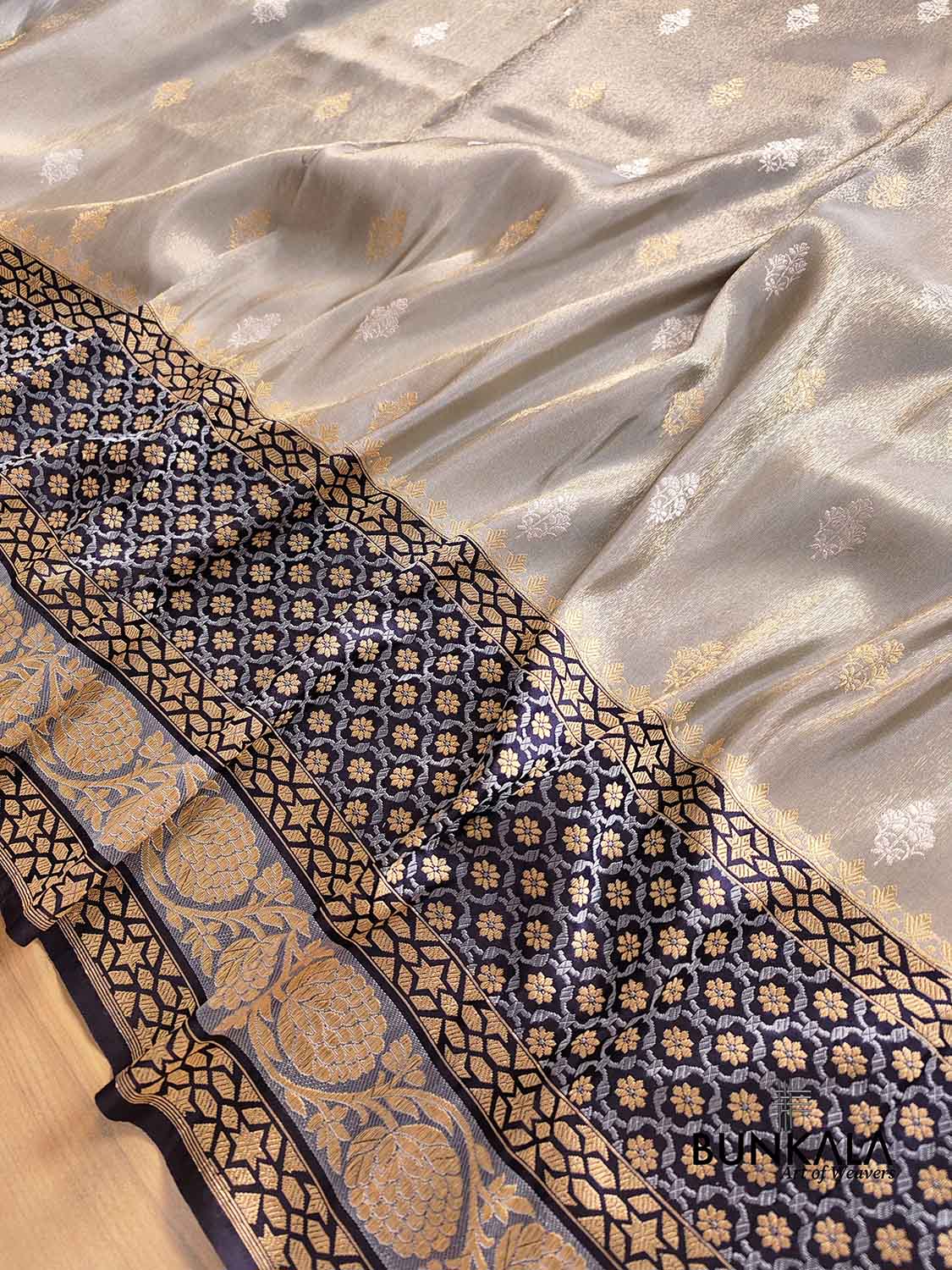 Pastel Grey Pure Soft Tissue Katan Silk Gold and Silver Allover Zari Buti Handloom Banarasi Saree with Big Black Contrast Skirt Border