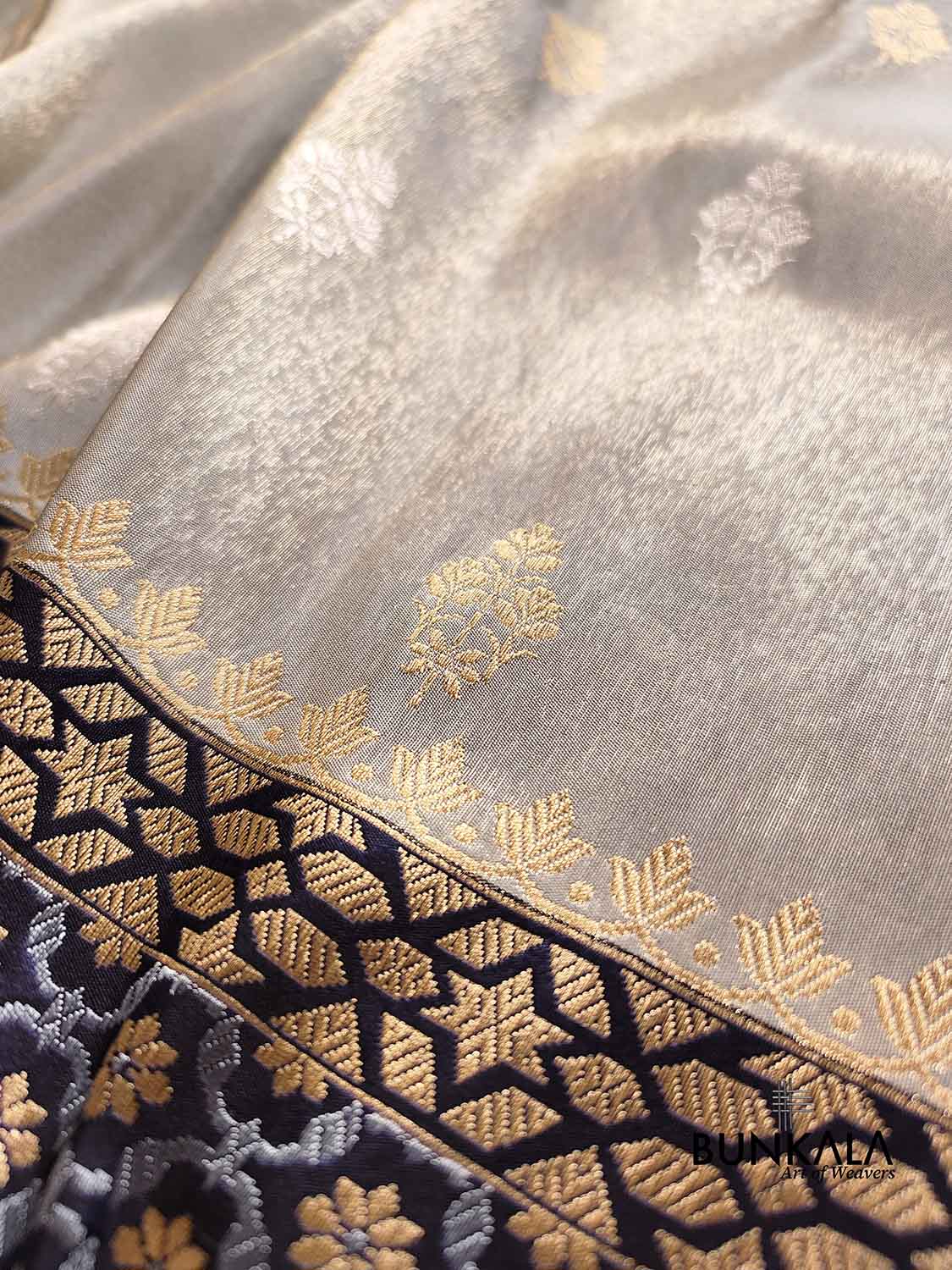 Pastel Grey Pure Soft Tissue Katan Silk Gold and Silver Allover Zari Buti Handloom Banarasi Saree with Big Black Contrast Skirt Border