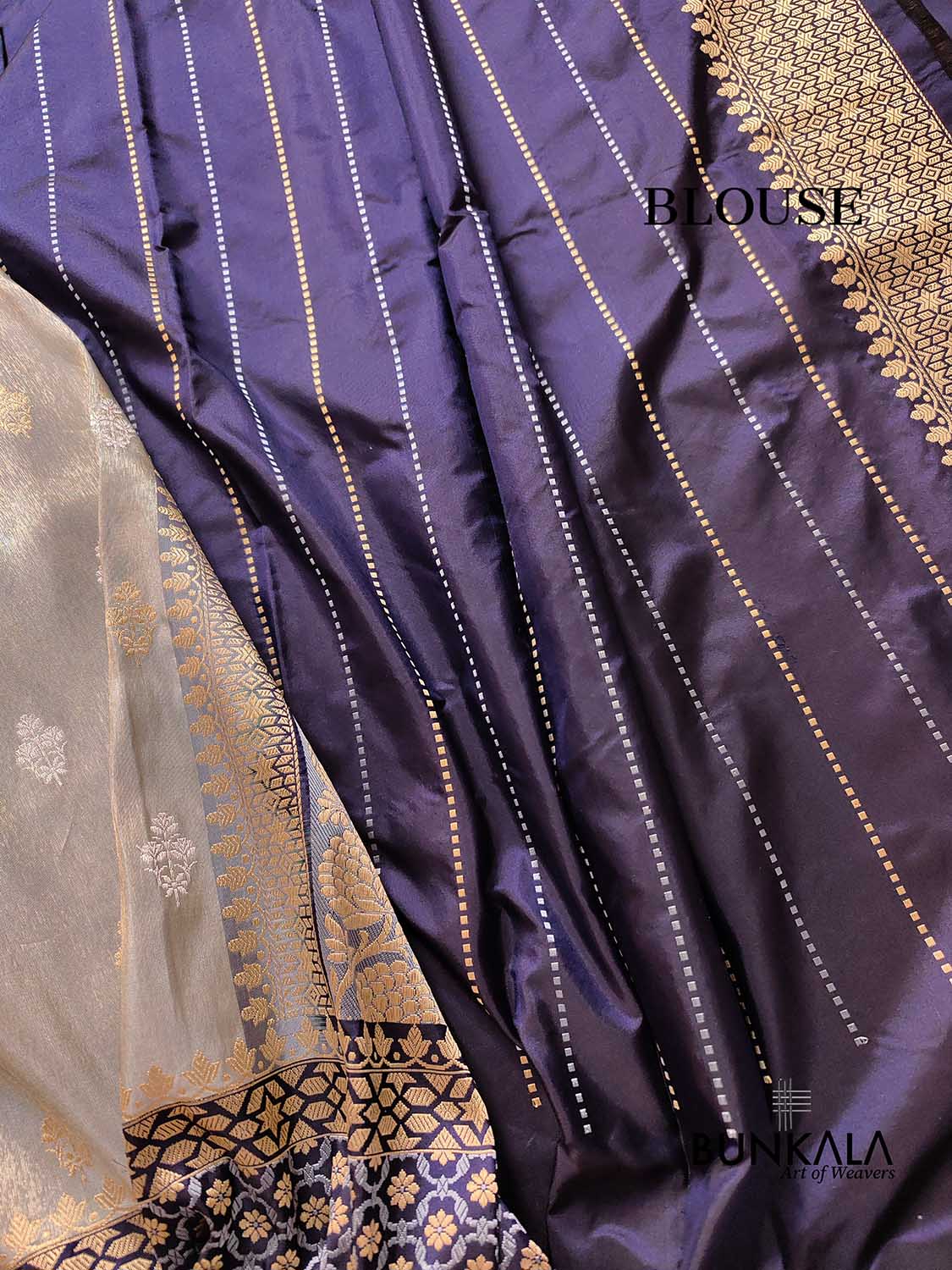 Pastel Grey Pure Soft Tissue Katan Silk Gold and Silver Allover Zari Buti Handloom Banarasi Saree with Big Black Contrast Skirt Border