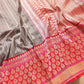 Grey Pure Katan Silk Geometrical Design Handweaved Silver Tanchui Body Banarasi Saree with Kadwa Handweaved Pink Contrast Border