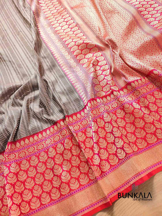 Grey Pure Katan Silk Geometrical Design Handweaved Silver Tanchui Body Banarasi Saree with Kadwa Handweaved Pink Contrast Border