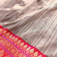 Grey Pure Katan Silk Geometrical Design Handweaved Silver Tanchui Body Banarasi Saree with Kadwa Handweaved Pink Contrast Border