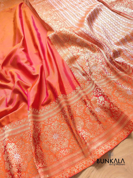 Pink and Orange Two tone Shot Color Plain Handloom Pure Katan Silk Kadwa Sona Rupa Border Banarasi Saree with Brocade Blouse