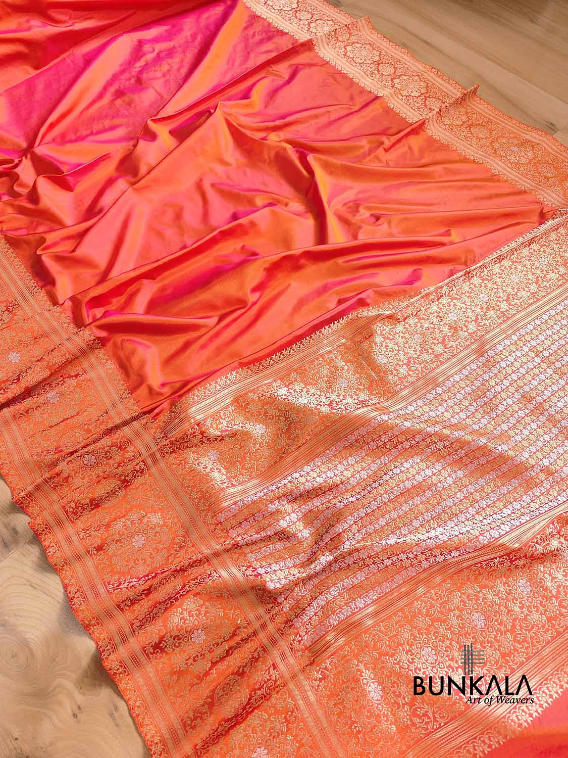 Pink and Orange Two tone Shot Color Plain Handloom Pure Katan Silk Kadwa Sona Rupa Border Banarasi Saree with Brocade Blouse