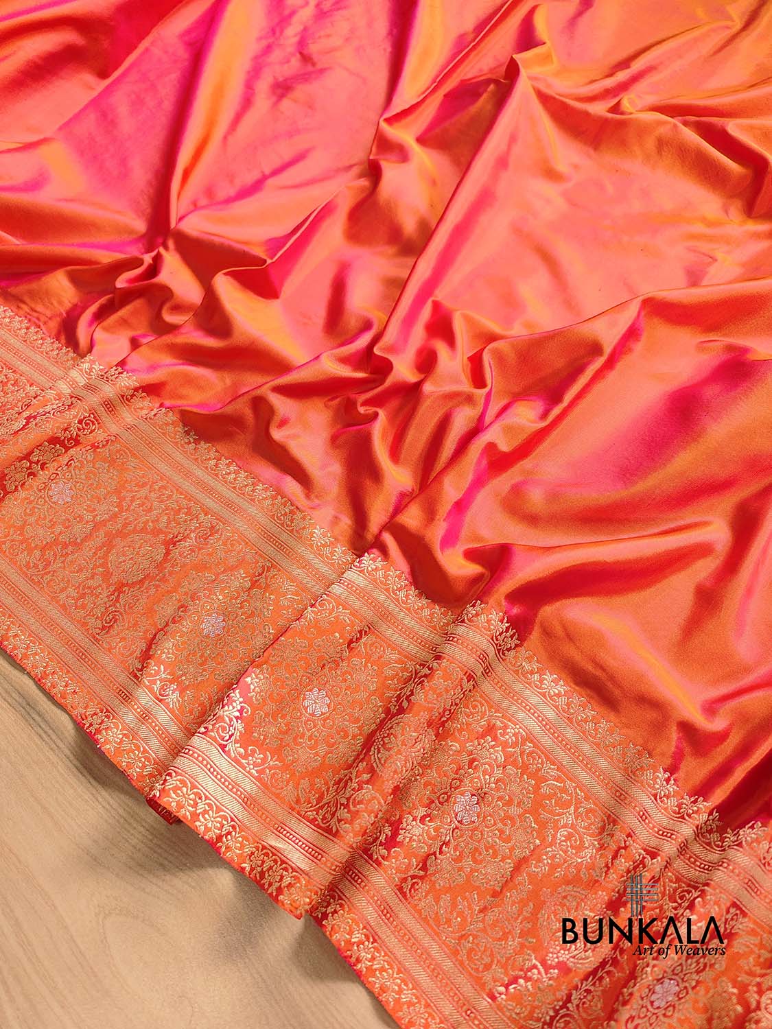 Pink and Orange Two tone Shot Color Plain Handloom Pure Katan Silk Kadwa Sona Rupa Border Banarasi Saree with Brocade Blouse