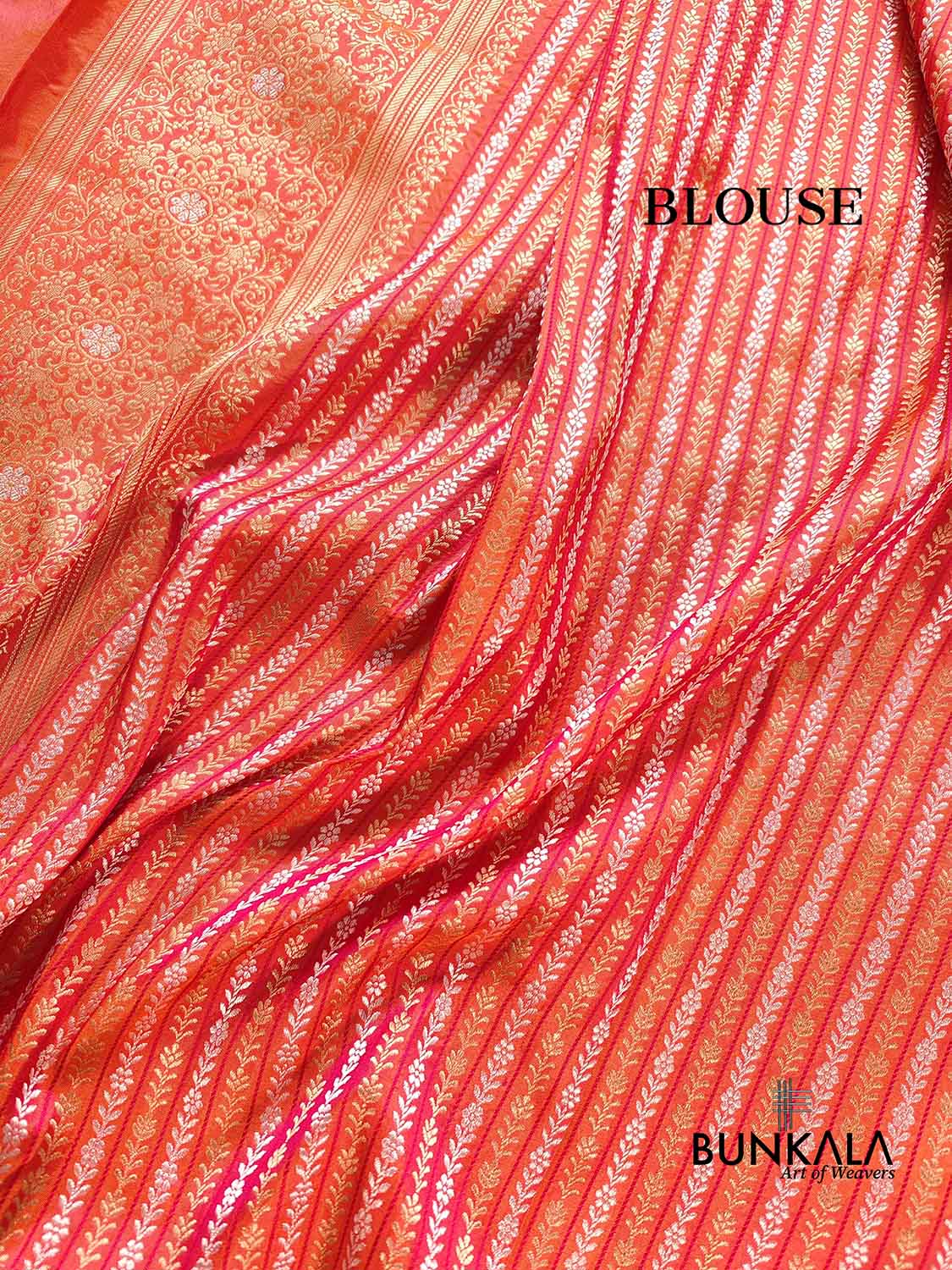 Pink and Orange Two tone Shot Color Plain Handloom Pure Katan Silk Kadwa Sona Rupa Border Banarasi Saree with Brocade Blouse