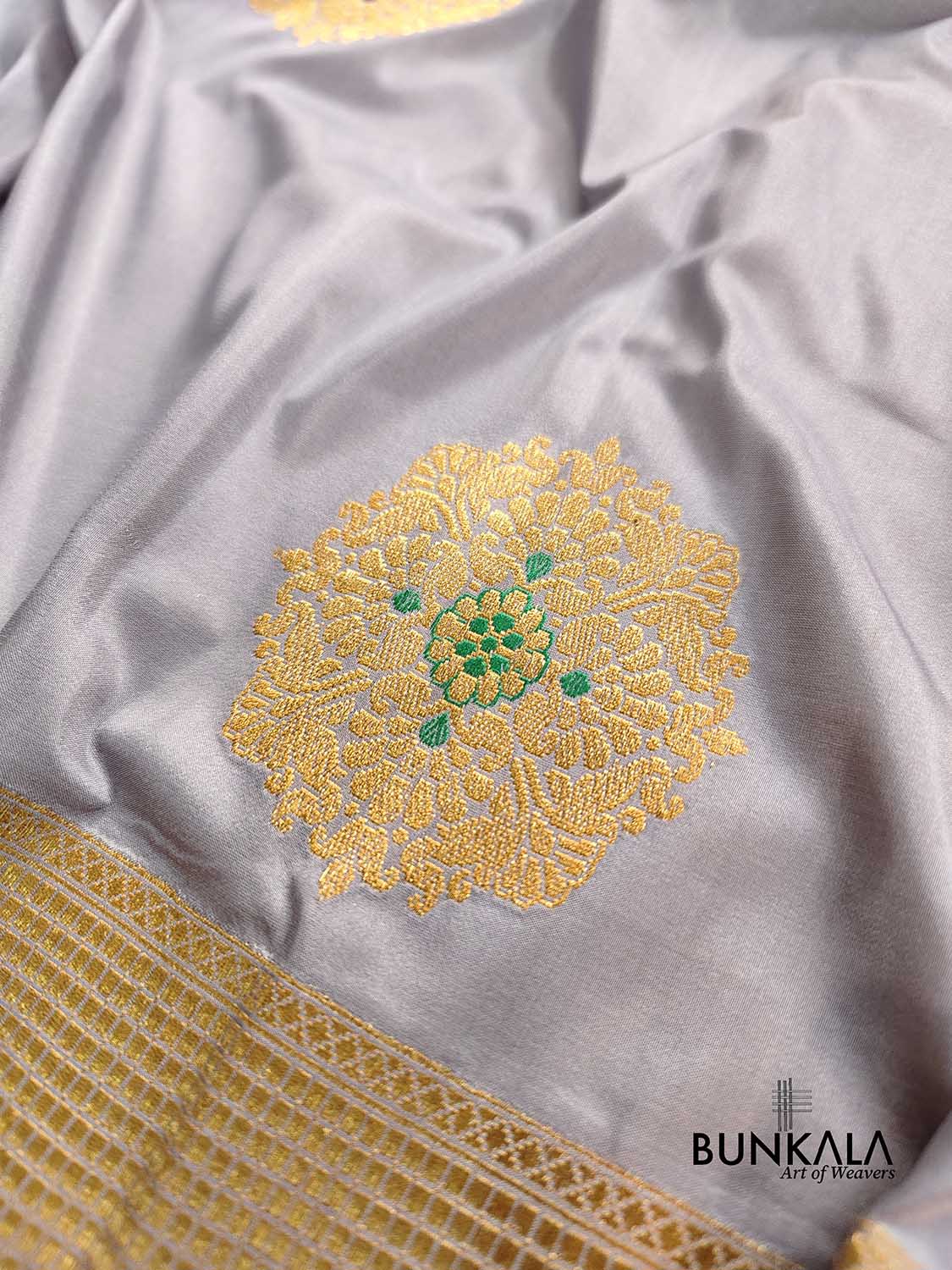 Grey Antique Zari Big Allover Meenakari Kadwa Handweaved Buta Pure Katan Silk Banarasi Saree